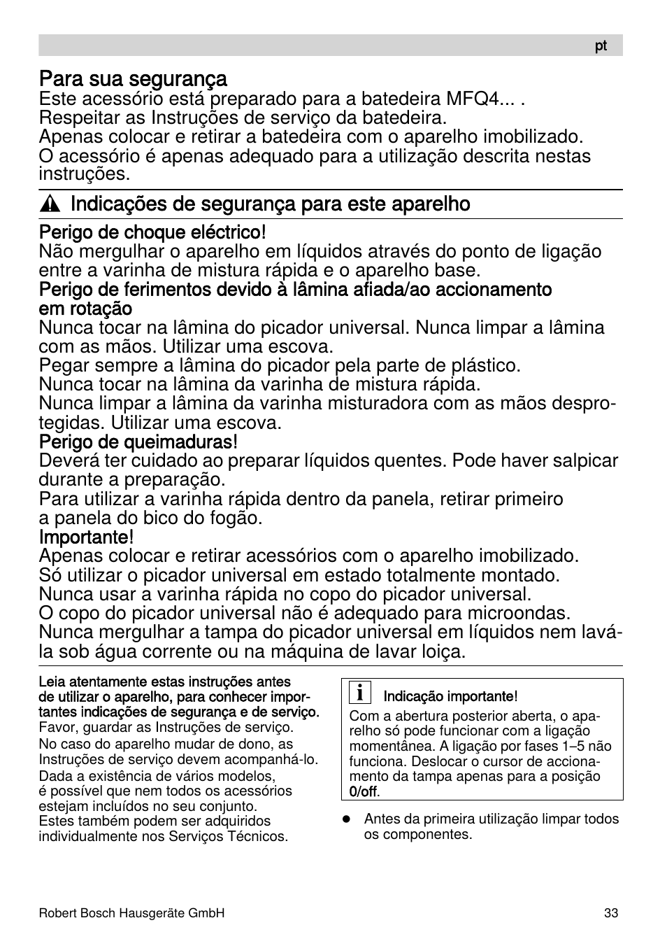 Para sua segurança, Indicações de segurança para este aparelho | Bosch MFQ4070 Batteur blanc argent User Manual | Page 33 / 62