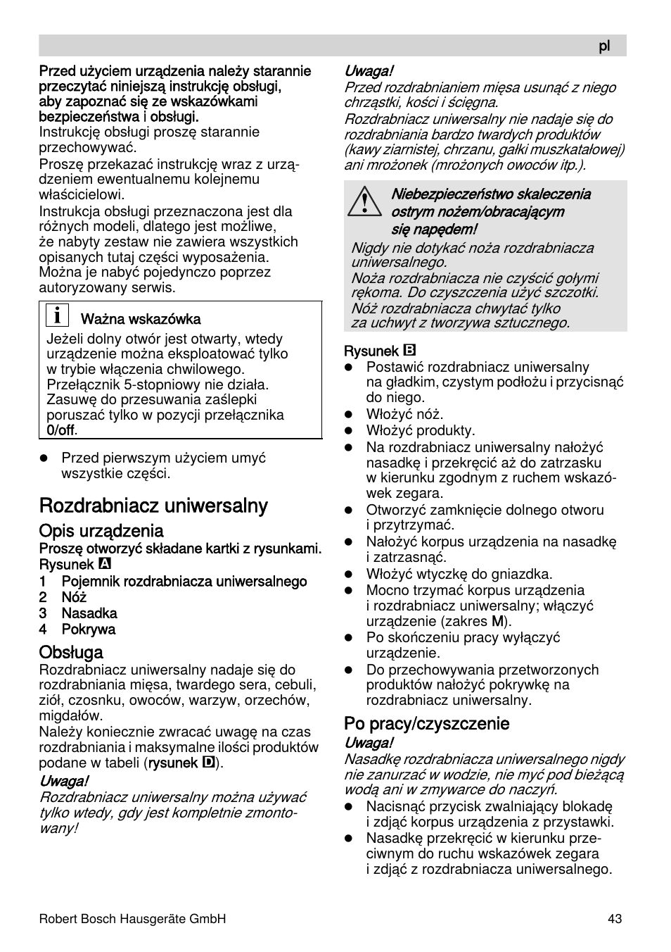 Rozdrabniacz uniwersalny, Opis urządzenia, Obsługa | Po pracy/czyszczenie | Bosch MFQ4070 Batteur blanc argent User Manual | Page 43 / 62