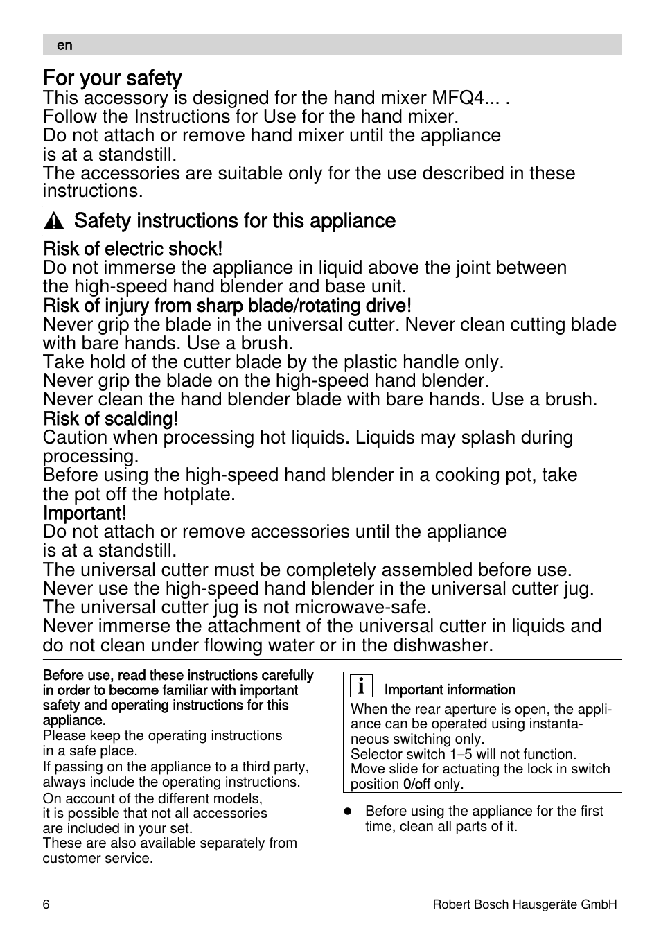 For your safety, Safety instructions for this appliance | Bosch MFQ4070 Batteur blanc argent User Manual | Page 6 / 62