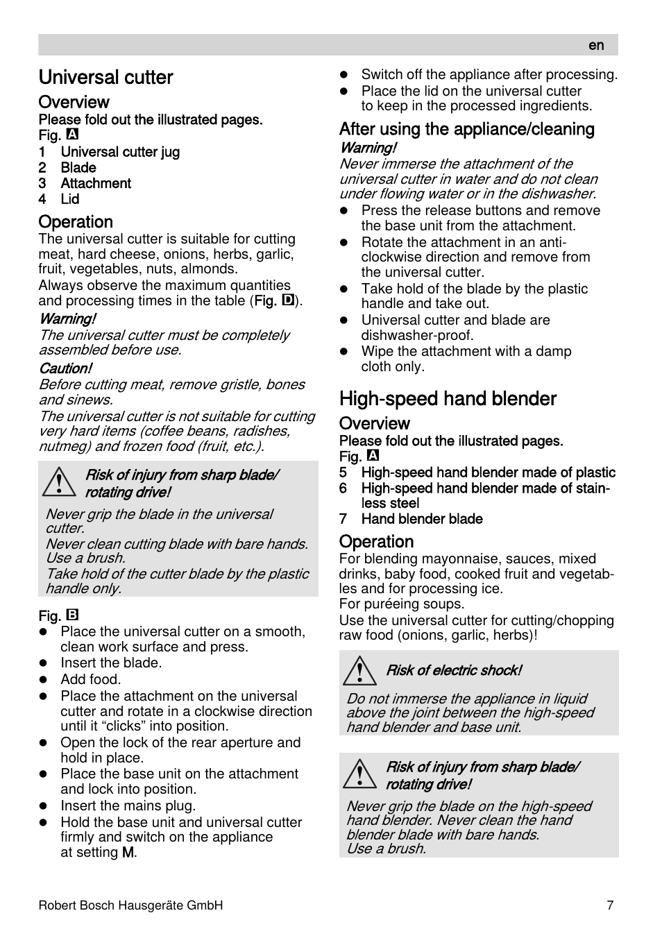 Universal cutter, High-speed hand blender, Overview | Operation, After using the appliance/cleaning | Bosch MFQ4070 Batteur blanc argent User Manual | Page 7 / 62