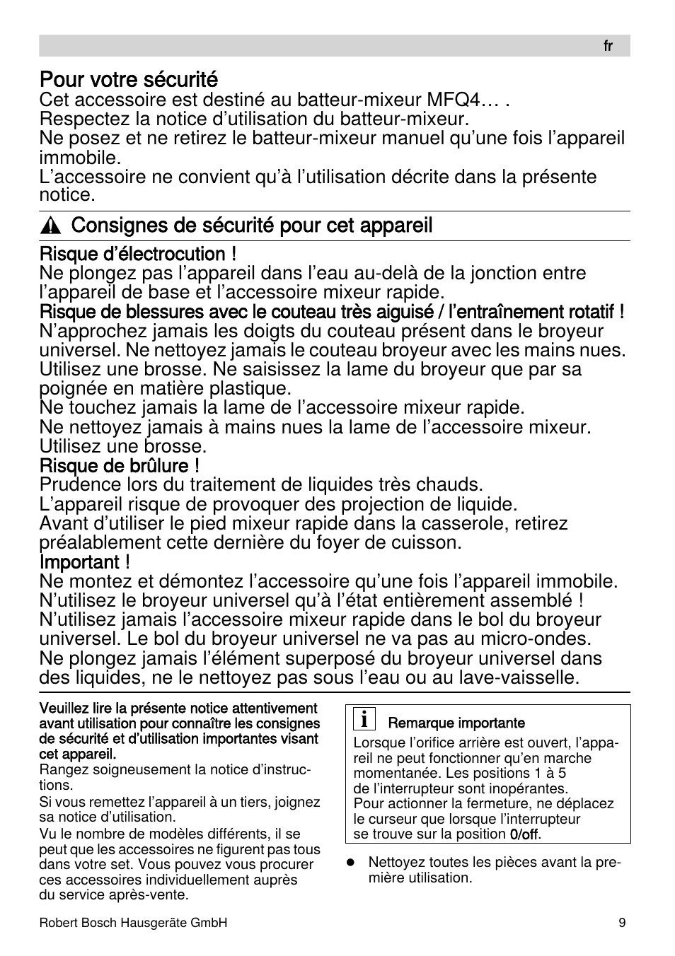 Pour votre sécurité, Consignes de sécurité pour cet appareil | Bosch MFQ4070 Batteur blanc argent User Manual | Page 9 / 62