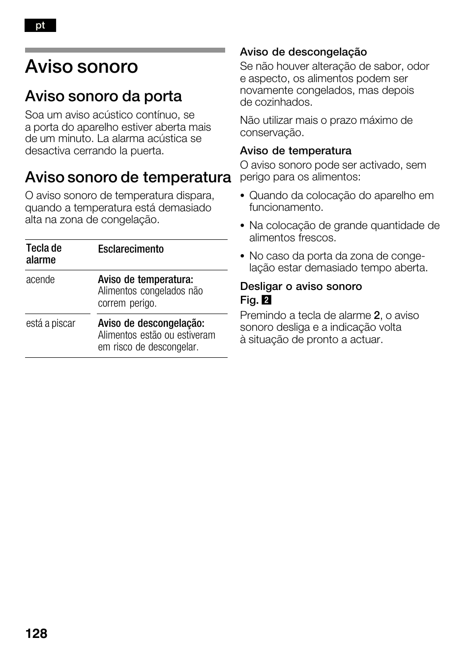 Aviso sonoro, Aviso sonoro da porta, Aviso sonoro de temperatura | Bosch KGN36SM30 Réfrigérateur-congélateur combiné Premium Luxe User Manual | Page 128 / 143