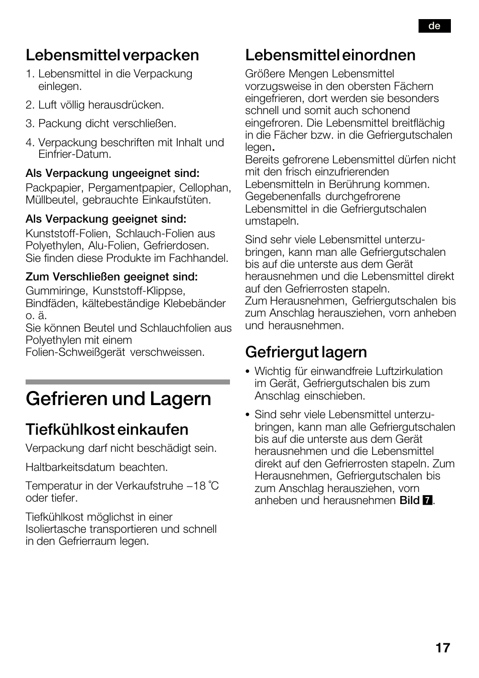 Gefrieren und lagern, Lebensmittel verpacken, Tiefkühlkost einkaufen | Lebensmittel einordnen, Gefriergut lagern | Bosch KGN36SM30 Réfrigérateur-congélateur combiné Premium Luxe User Manual | Page 17 / 143