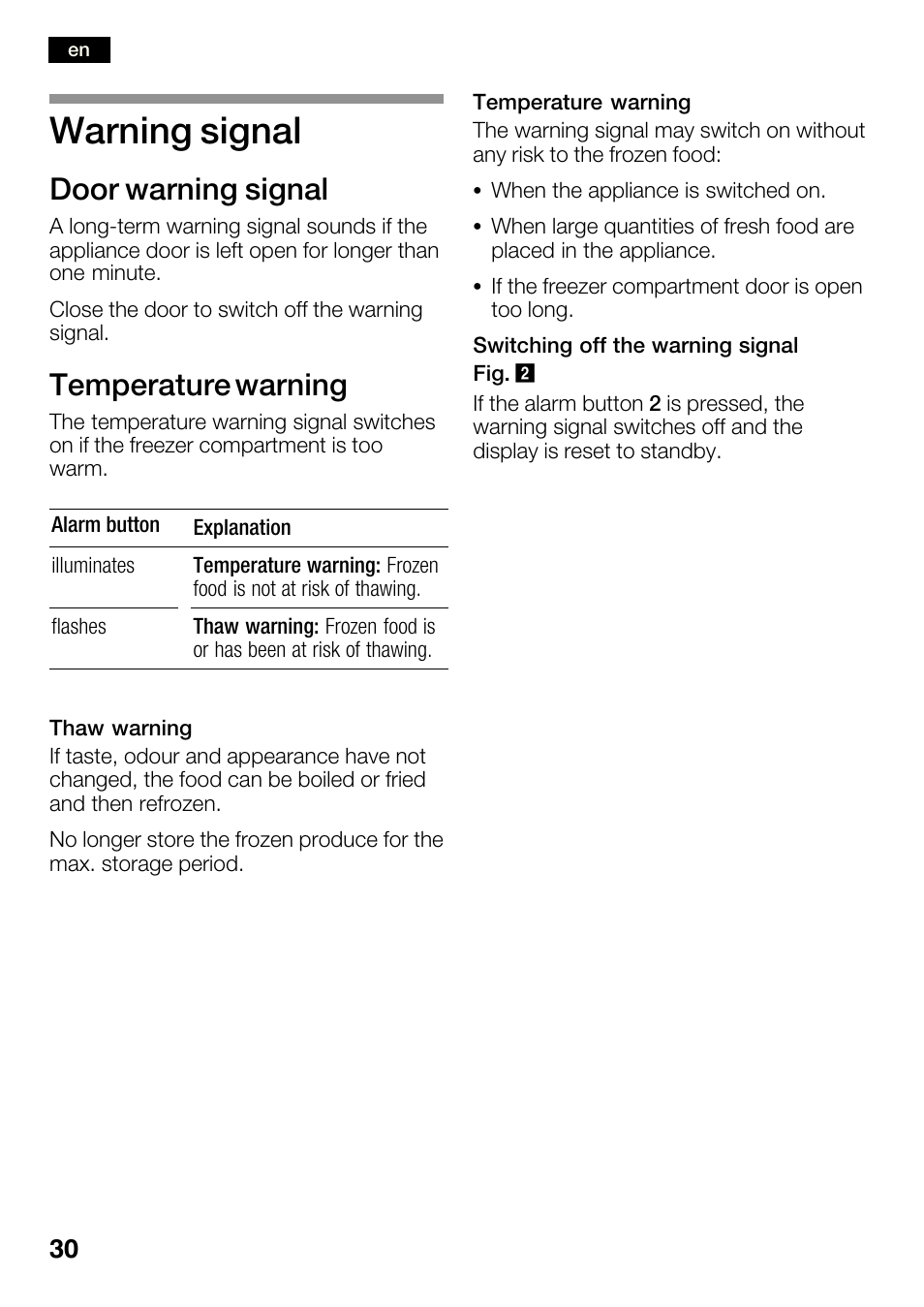 Warning signal, Door warning signal, Temperature warning | Bosch KGN36SM30 Réfrigérateur-congélateur combiné Premium Luxe User Manual | Page 30 / 143