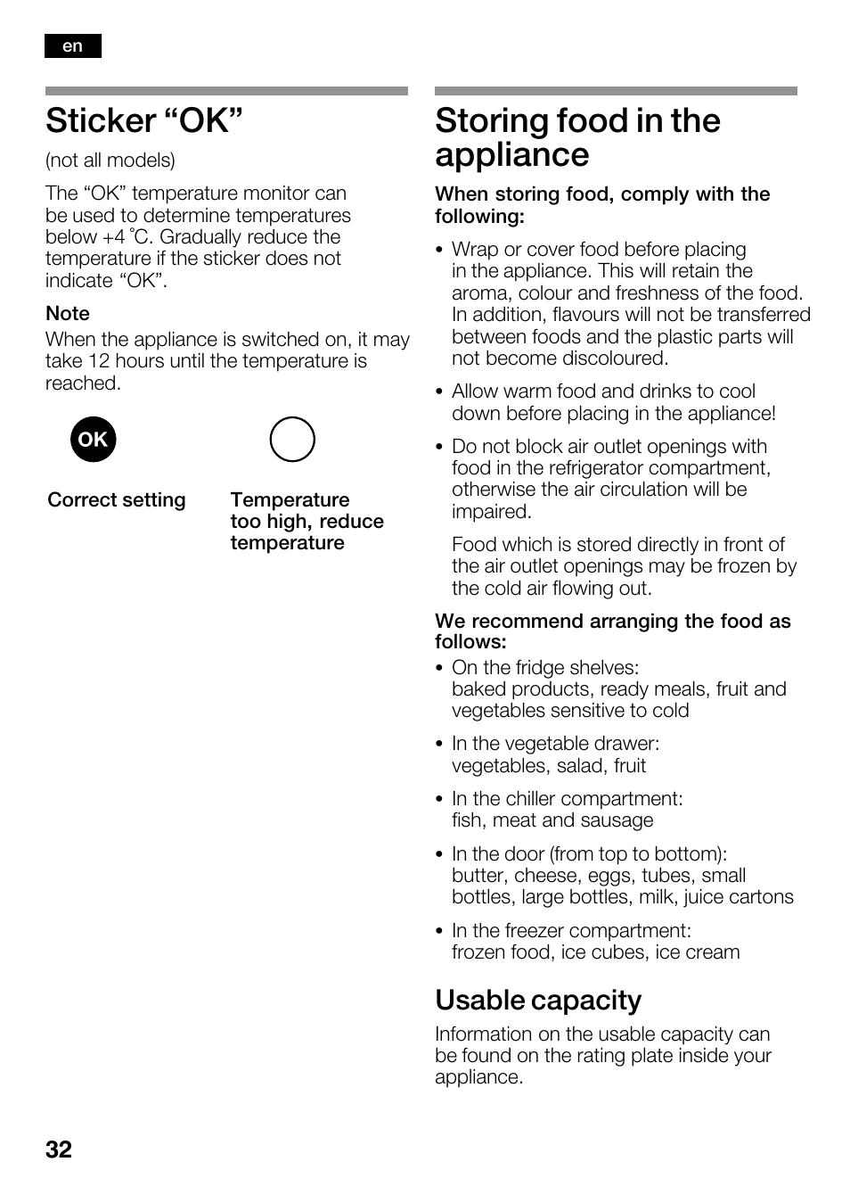 Sticker ok, Storing food in the appliance, Usable capacity | Bosch KGN36SM30 Réfrigérateur-congélateur combiné Premium Luxe User Manual | Page 32 / 143