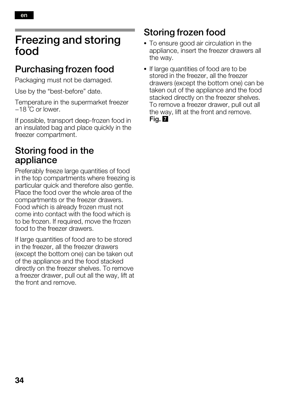 Freezing and storing food, Purchasing frozen food, Storing food in the appliance | Storing frozen food | Bosch KGN36SM30 Réfrigérateur-congélateur combiné Premium Luxe User Manual | Page 34 / 143