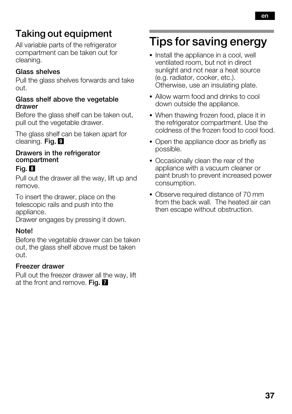 Tips for saving energy, Taking out equipment | Bosch KGN36SM30 Réfrigérateur-congélateur combiné Premium Luxe User Manual | Page 37 / 143