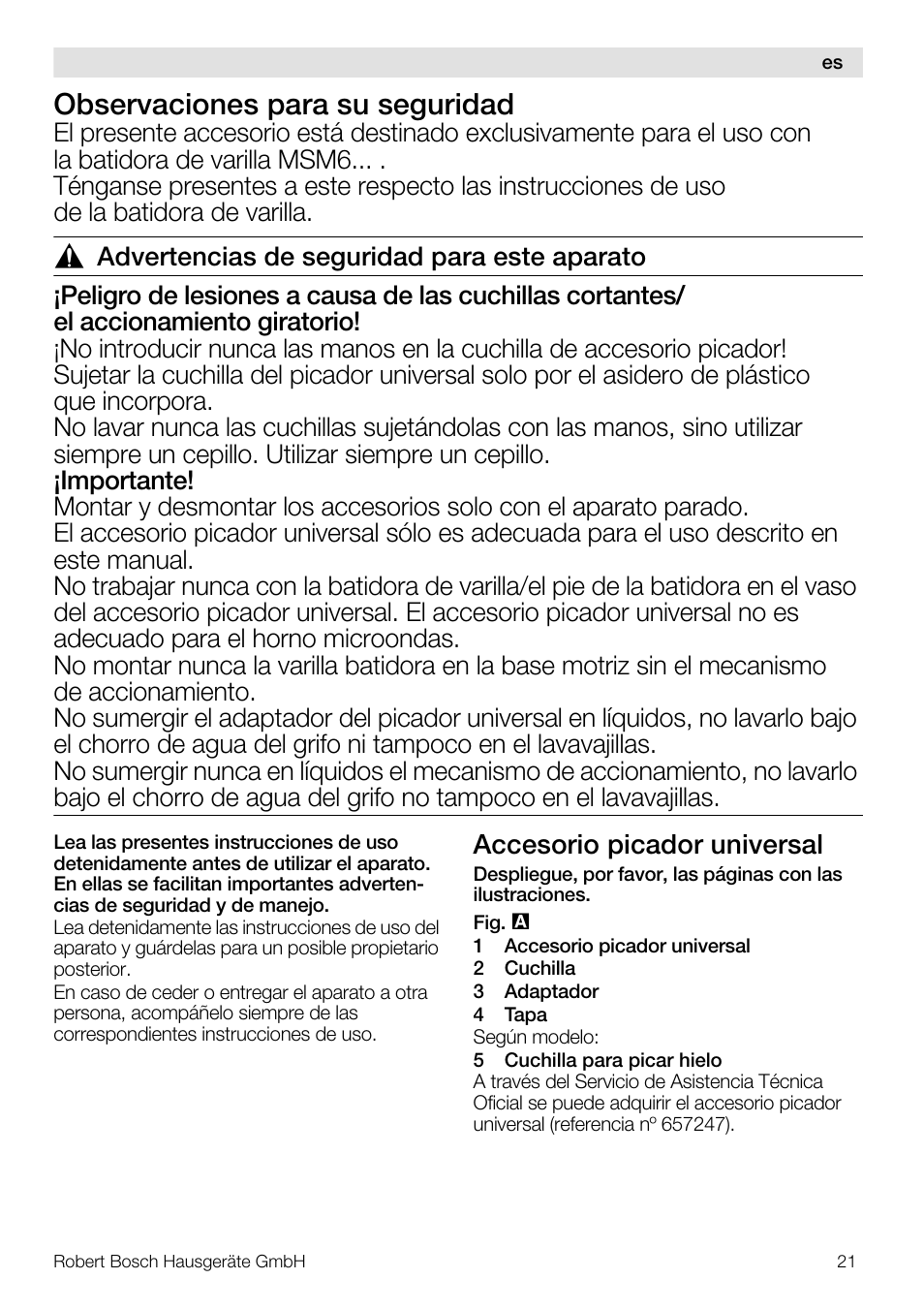 Observaciones para su seguridad, Accesorio picador universal | Bosch MSM66150 Mixeur plongeant blanc gris User Manual | Page 21 / 48