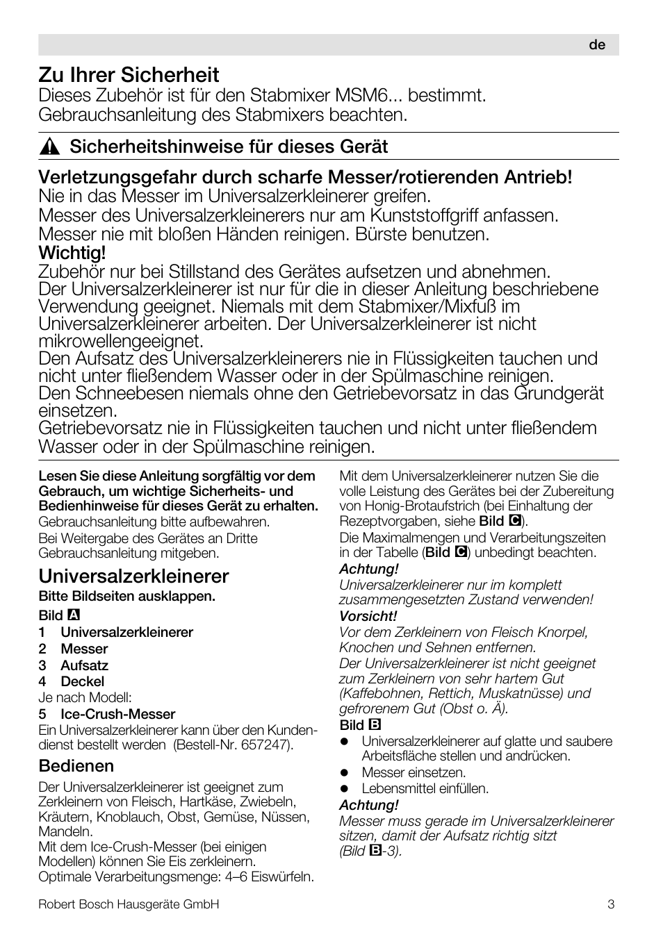 Zu ihrer sicherheit, Universalzerkleinerer | Bosch MSM66150 Mixeur plongeant blanc gris User Manual | Page 3 / 48