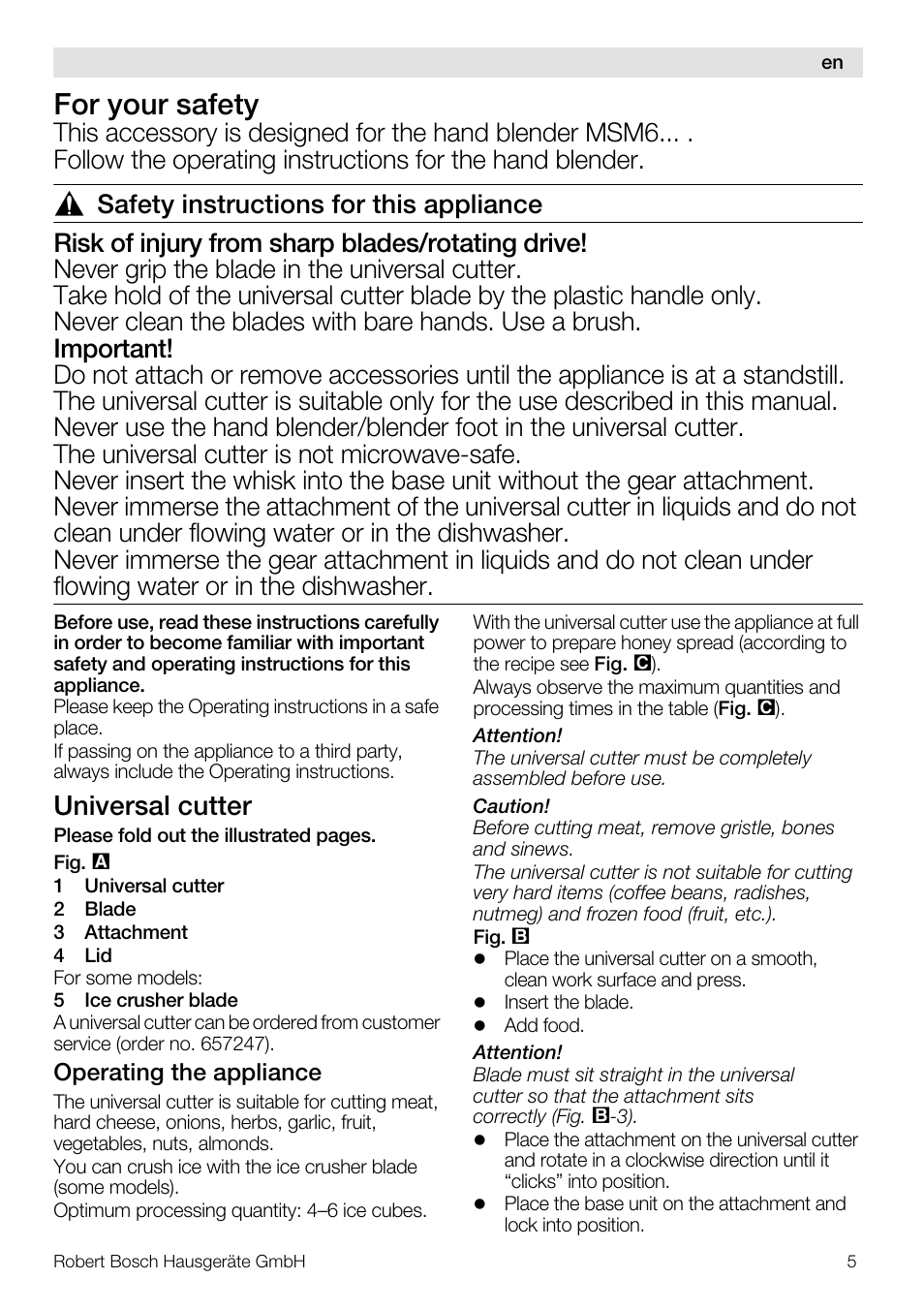 For your safety, Universal cutter | Bosch MSM66150 Mixeur plongeant blanc gris User Manual | Page 5 / 48