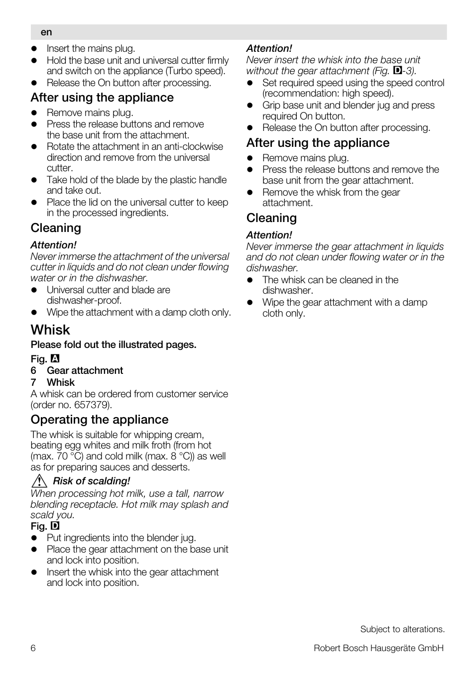 Whisk, After using the appliance, Cleaning | Operating the appliance | Bosch MSM66150 Mixeur plongeant blanc gris User Manual | Page 6 / 48