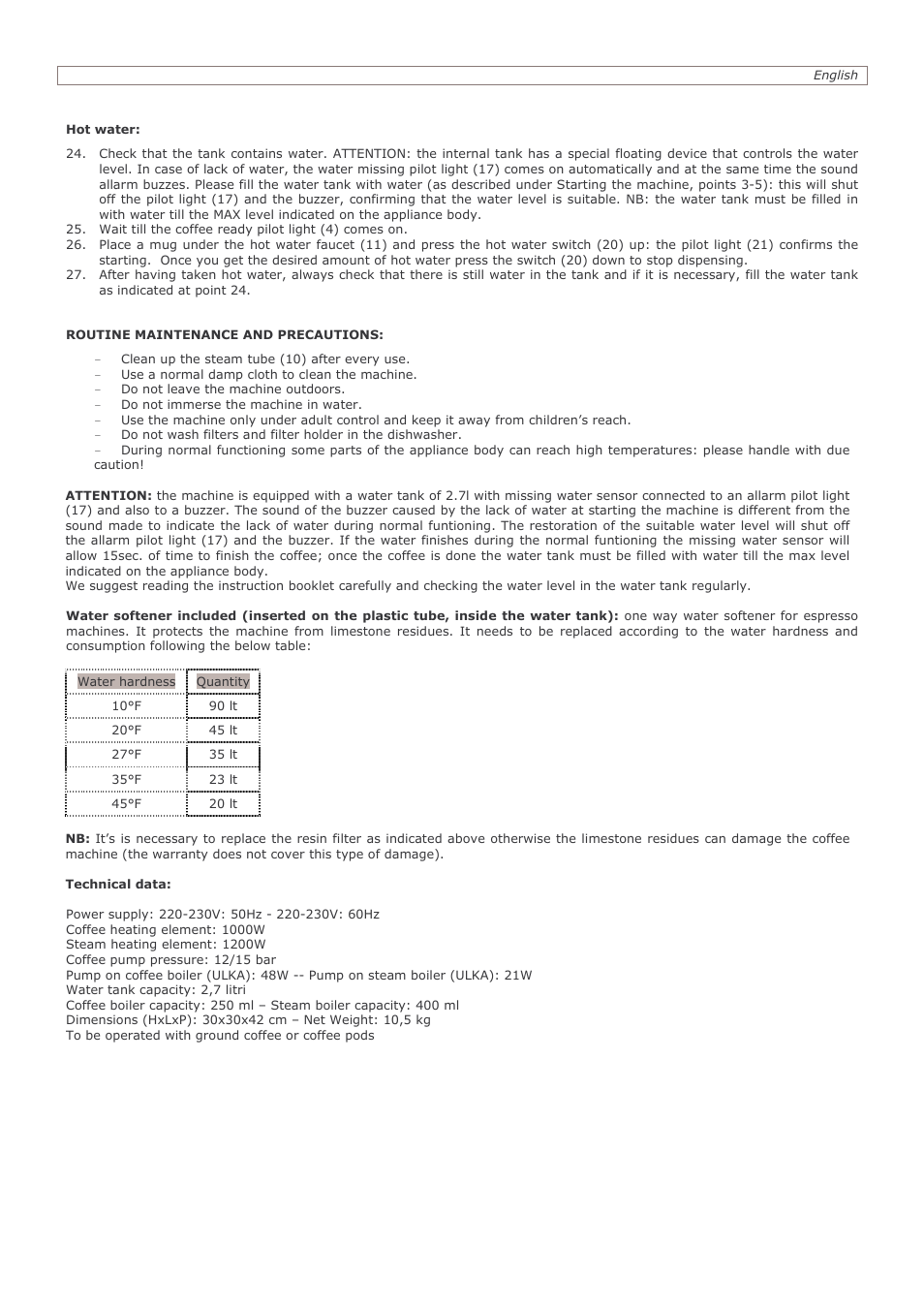 Hot water, Technical data | LELIT PL60 User Manual | Page 7 / 12