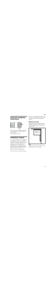 Using the installation instructions, Installation location, Distance from wall | Bosch KGN36NL20 Réfrigérateur-congélateur combiné User Manual | Page 7 / 46