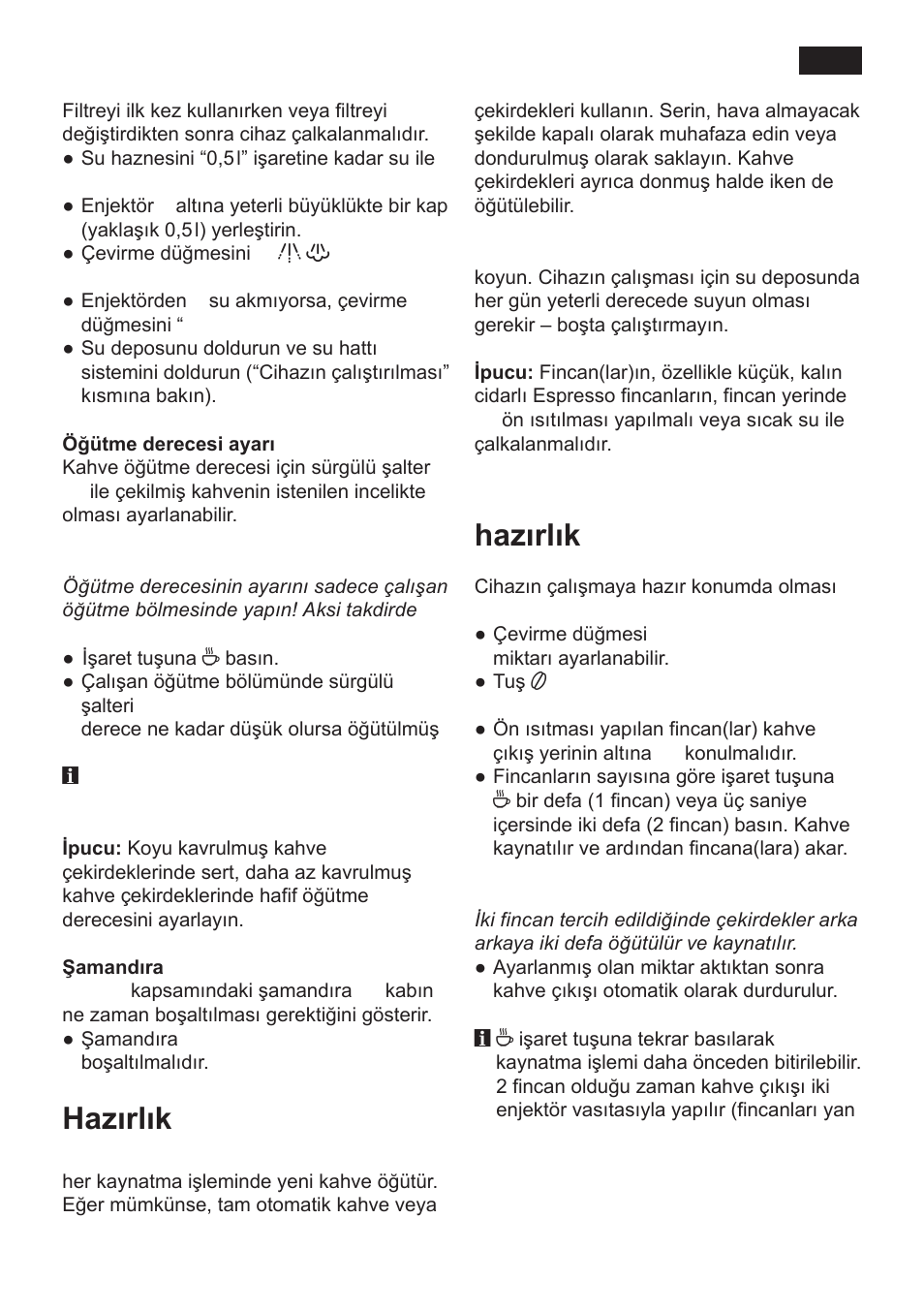 Hazırlık, Kahve çekirdekleri için hazırlık | Siemens TK 54001 User Manual | Page 65 / 93