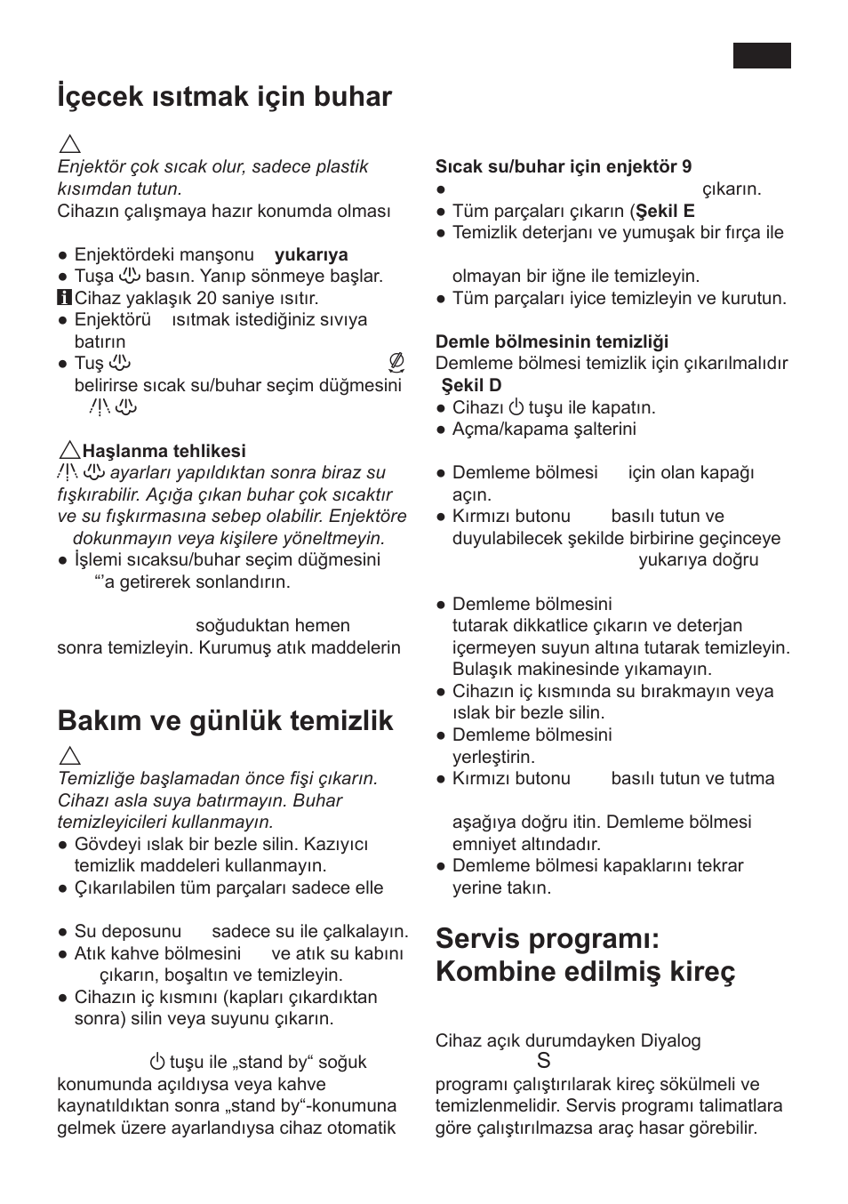 Içecek ısıtmak için buhar, Bakım ve günlük temizlik | Siemens TK 54001 User Manual | Page 67 / 93