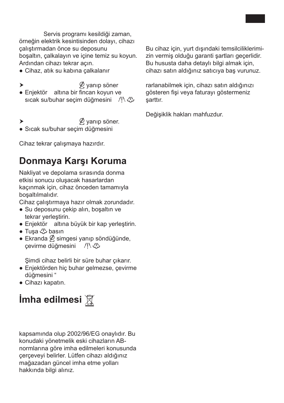 Donmaya karşı koruma, Imha edilmesi, Garanti | Siemens TK 54001 User Manual | Page 69 / 93