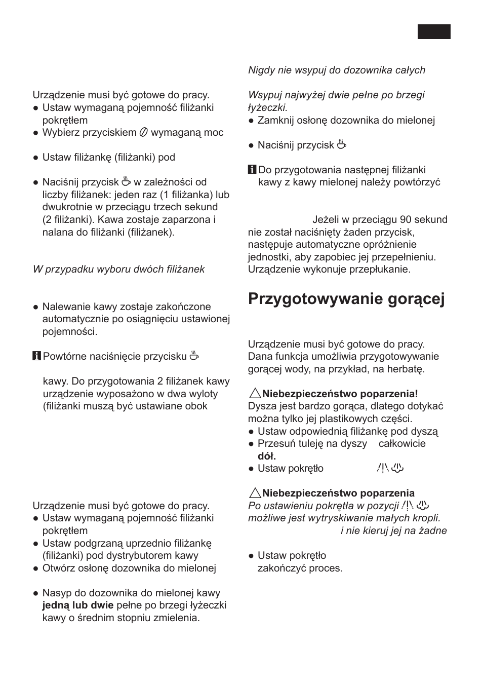 Przygotowywanie kawy z ziarnek, Przygotowywanie gorącej wody | Siemens TK 54001 User Manual | Page 75 / 93