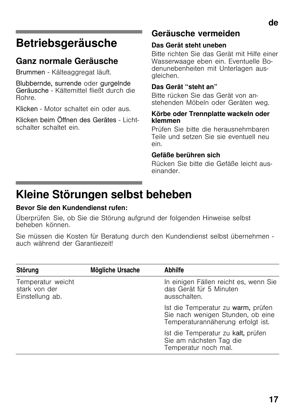 Betriebsgeräusche, Kleine störungen selbst beheben, De 17 | Ganz normale geräusche, Geräusche vermeiden | Bosch GCM24AW20 Congélateur coffre Premium User Manual | Page 17 / 85