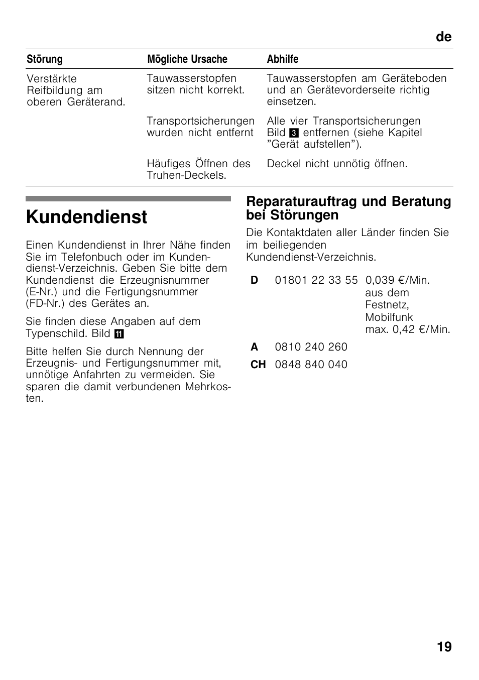 Kundendienst, De 19, Reparaturauftrag und beratung bei störungen | Bosch GCM24AW20 Congélateur coffre Premium User Manual | Page 19 / 85