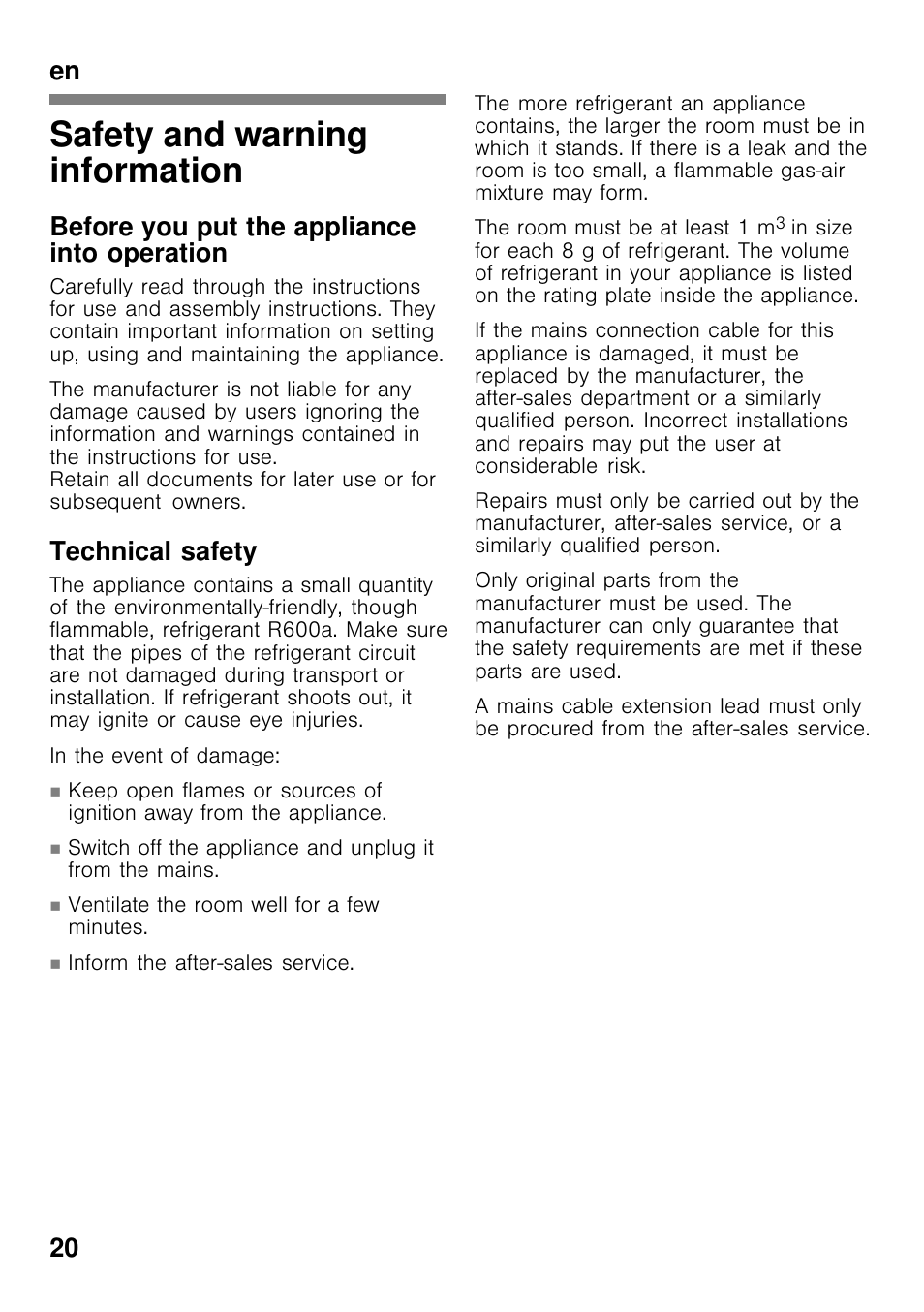 Safety and warning information, En 20, Before you put the appliance into operation | Technical safety | Bosch GCM24AW20 Congélateur coffre Premium User Manual | Page 20 / 85