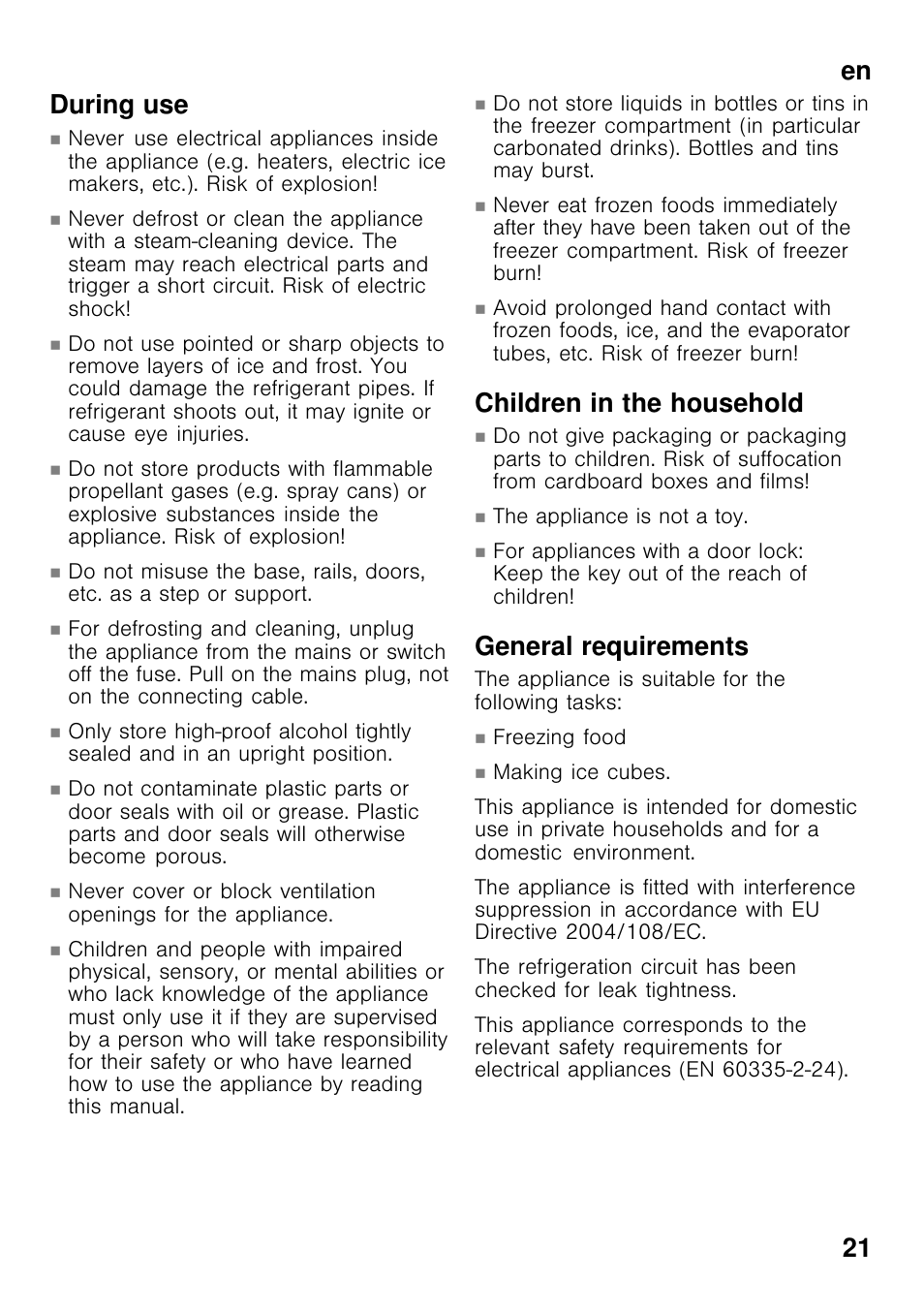 En 21 during use, Children in the household, General requirements | Bosch GCM24AW20 Congélateur coffre Premium User Manual | Page 21 / 85