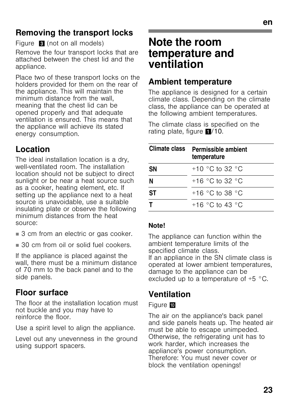 Note the room temperature and ventilation, En 23 removing the transport locks, Location | Floor surface, Ambient temperature, Ventilation | Bosch GCM24AW20 Congélateur coffre Premium User Manual | Page 23 / 85