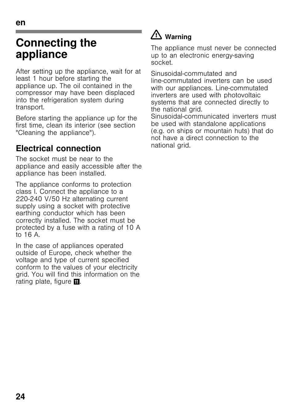 Connecting the appliance, En 24, Electrical connection | Bosch GCM24AW20 Congélateur coffre Premium User Manual | Page 24 / 85