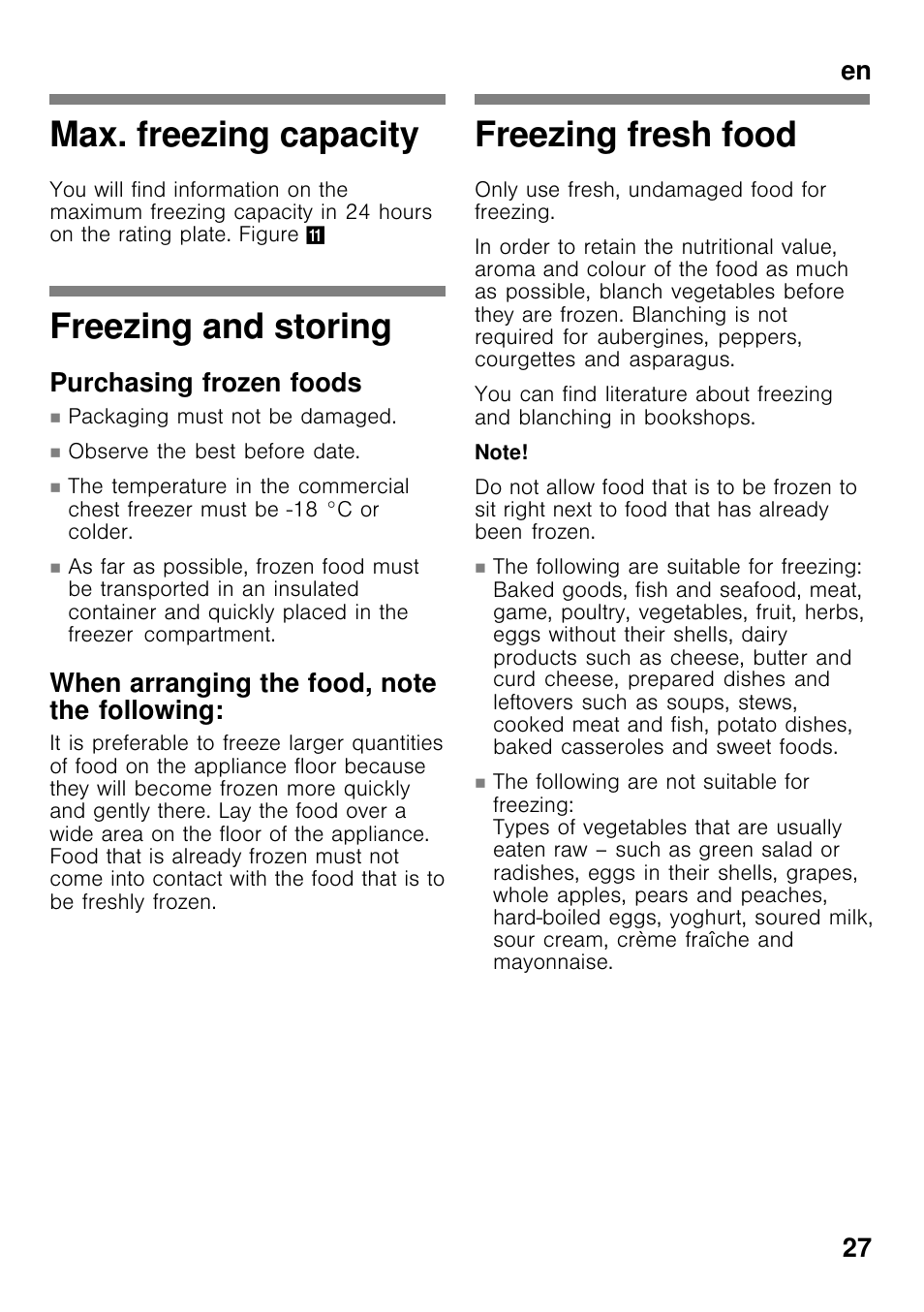 Max. freezing capacity, Freezing and storing, Freezing fresh food | En 27, Purchasing frozen foods | Bosch GCM24AW20 Congélateur coffre Premium User Manual | Page 27 / 85