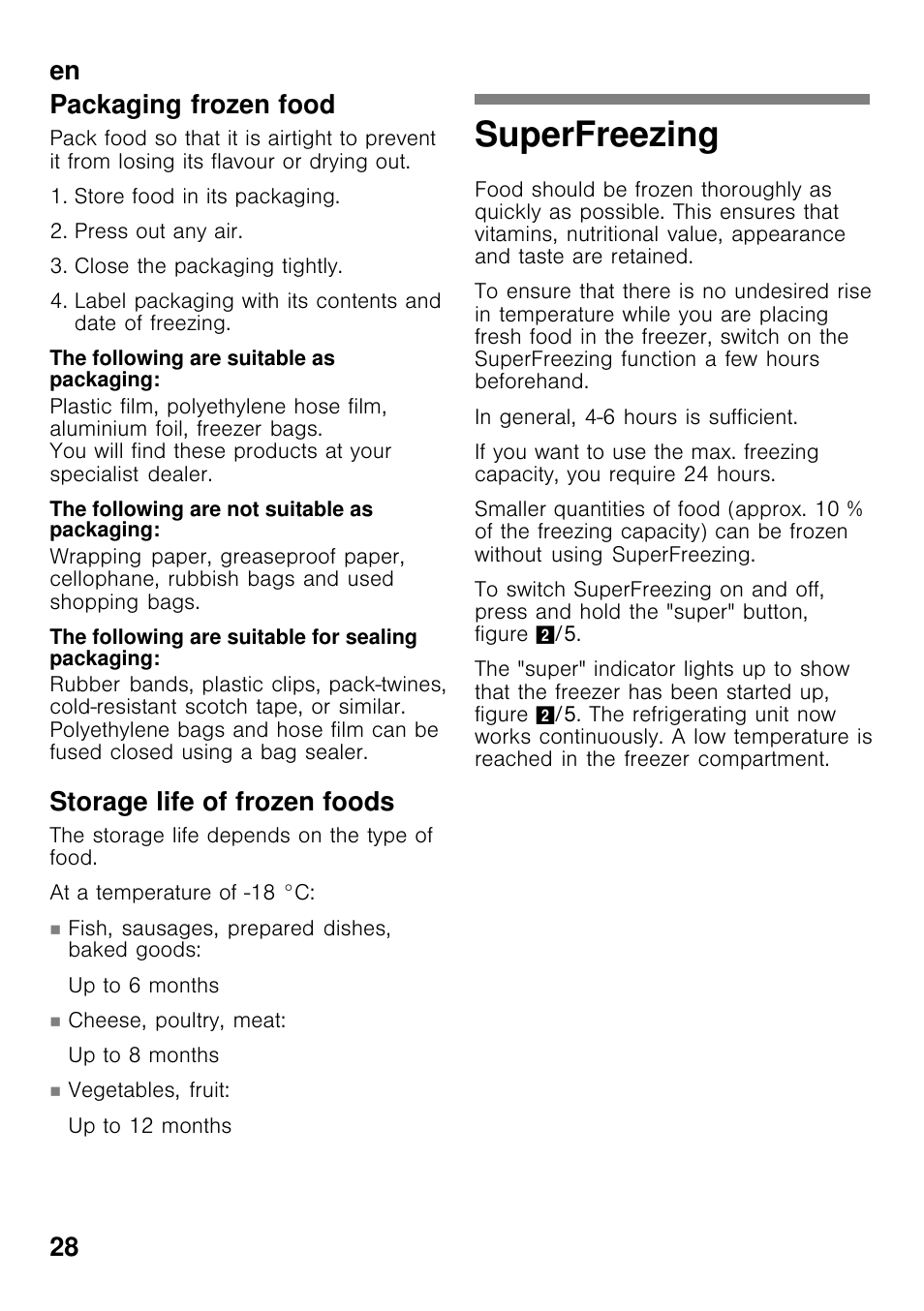 Superfreezing, En 28 packaging frozen food, Storage life of frozen foods | Bosch GCM24AW20 Congélateur coffre Premium User Manual | Page 28 / 85