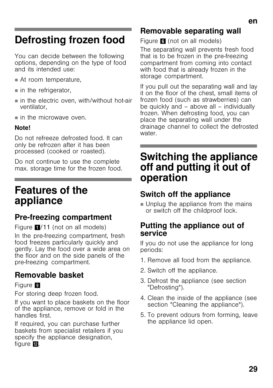 Defrosting frozen food, Features of the appliance, En 29 | Pre-freezing compartment, Removable basket, Removable separating wall, Switch off the appliance, Putting the appliance out of service | Bosch GCM24AW20 Congélateur coffre Premium User Manual | Page 29 / 85