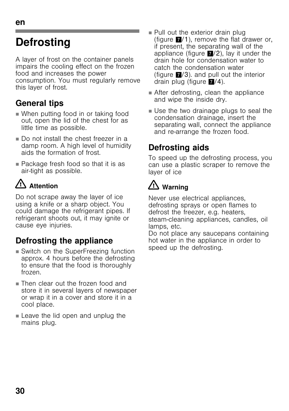 Defrosting, En 30, General tips | Defrosting the appliance, Defrosting aids | Bosch GCM24AW20 Congélateur coffre Premium User Manual | Page 30 / 85