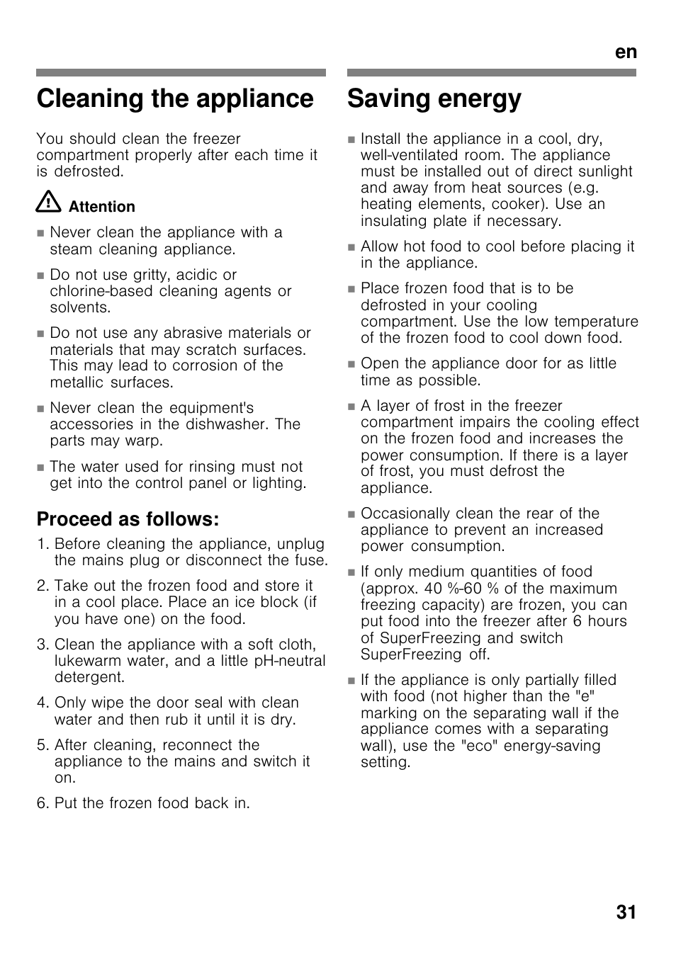 Cleaning the appliance, Saving energy, En 31 | Proceed as follows | Bosch GCM24AW20 Congélateur coffre Premium User Manual | Page 31 / 85