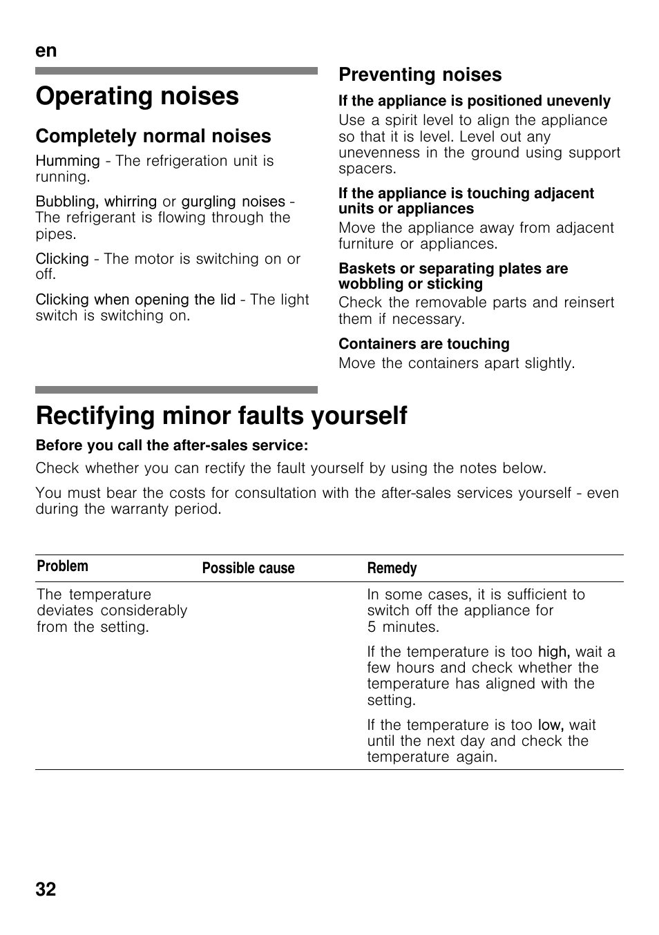 Operating noises, Rectifying minor faults yourself, En 32 | Completely normal noises, Preventing noises | Bosch GCM24AW20 Congélateur coffre Premium User Manual | Page 32 / 85