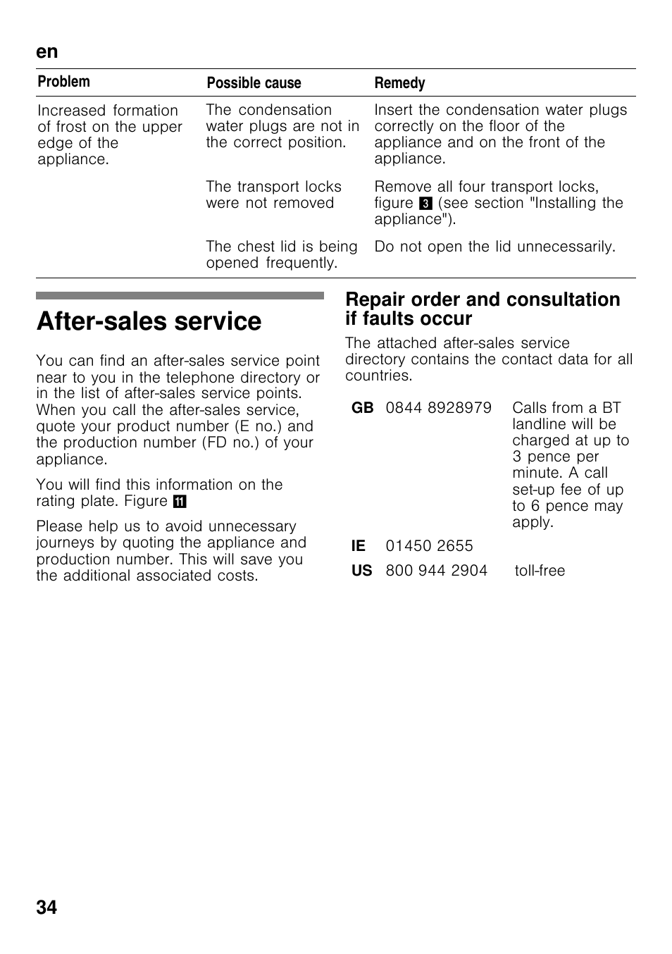 After-sales service, En 34, Repair order and consultation if faults occur | Bosch GCM24AW20 Congélateur coffre Premium User Manual | Page 34 / 85