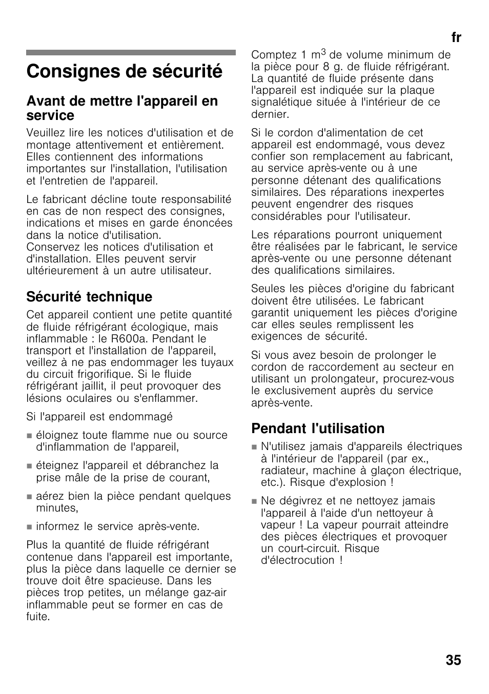 Consignes de sécurité, Fr 35, Avant de mettre l'appareil en service | Sécurité technique, Pendant l'utilisation | Bosch GCM24AW20 Congélateur coffre Premium User Manual | Page 35 / 85