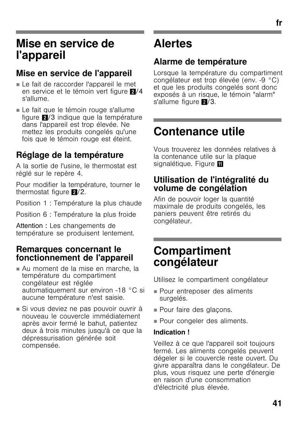 Mise en service de l'appareil, Alertes, Contenance utile | Compartiment congélateur, Fr 41, Réglage de la température, Alarme de température | Bosch GCM24AW20 Congélateur coffre Premium User Manual | Page 41 / 85