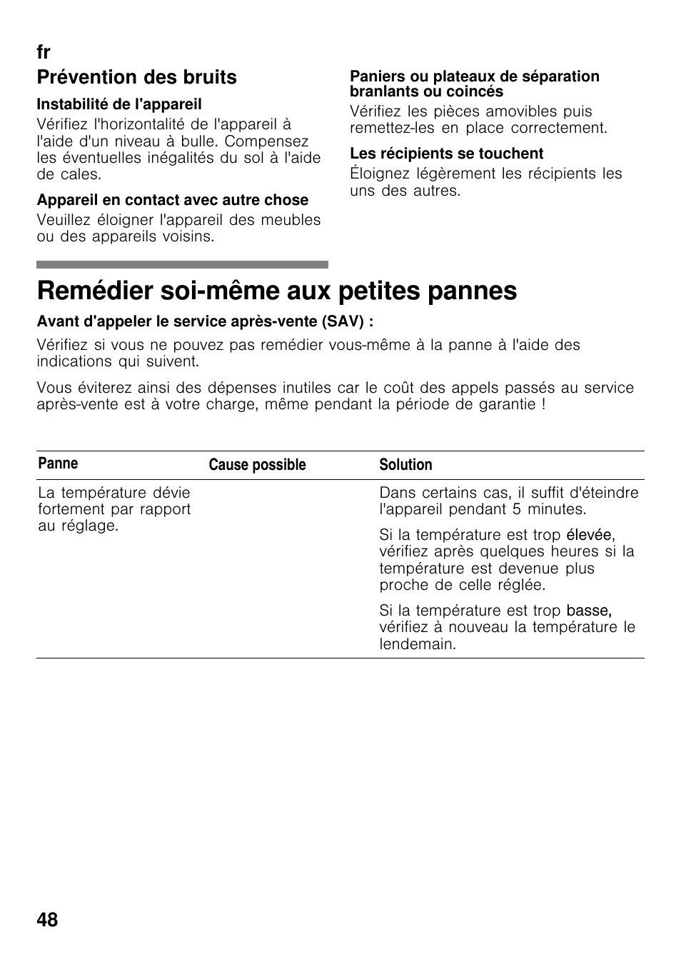 Remédier soi-même aux petites pannes, Fr 48 prévention des bruits | Bosch GCM24AW20 Congélateur coffre Premium User Manual | Page 48 / 85