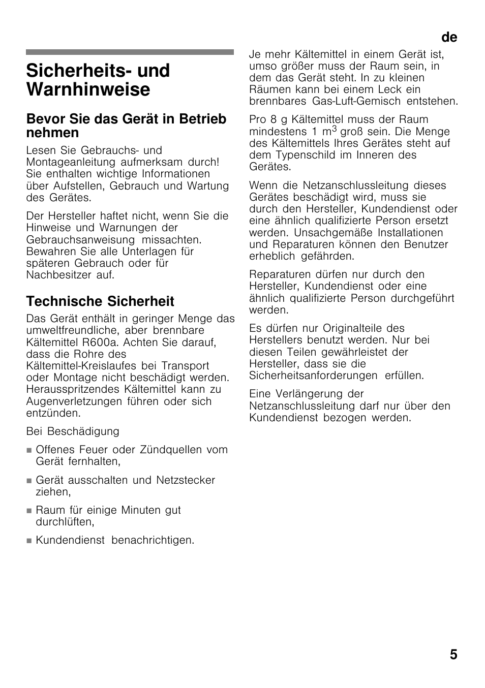 Sicherheits- und warnhinweise, De 5, Bevor sie das gerät in betrieb nehmen | Technische sicherheit | Bosch GCM24AW20 Congélateur coffre Premium User Manual | Page 5 / 85