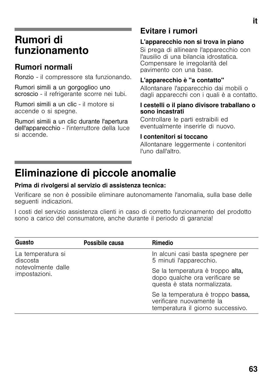 Rumori di funzionamento, Eliminazione di piccole anomalie, It 63 | Rumori normali, Evitare i rumori | Bosch GCM24AW20 Congélateur coffre Premium User Manual | Page 63 / 85