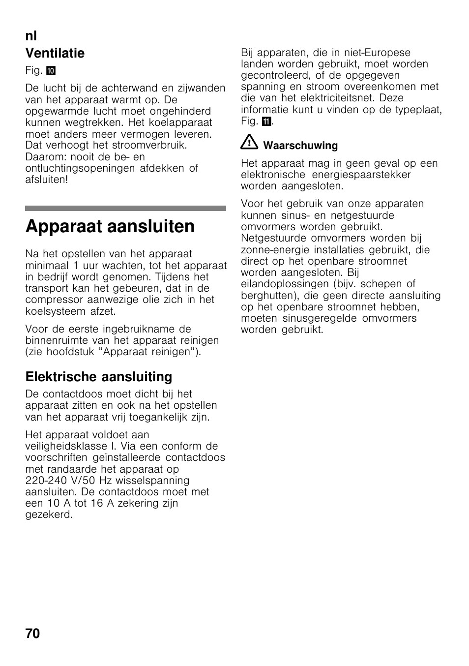 Apparaat aansluiten, Nl 70 ventilatie, Elektrische aansluiting | Bosch GCM24AW20 Congélateur coffre Premium User Manual | Page 70 / 85