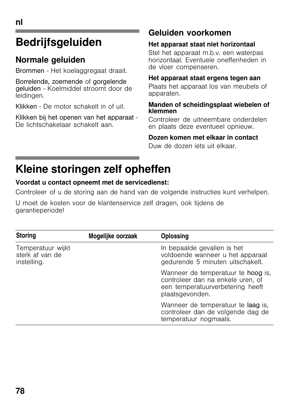 Bedrijfsgeluiden, Kleine storingen zelf opheffen, Nl 78 | Normale geluiden, Geluiden voorkomen | Bosch GCM24AW20 Congélateur coffre Premium User Manual | Page 78 / 85