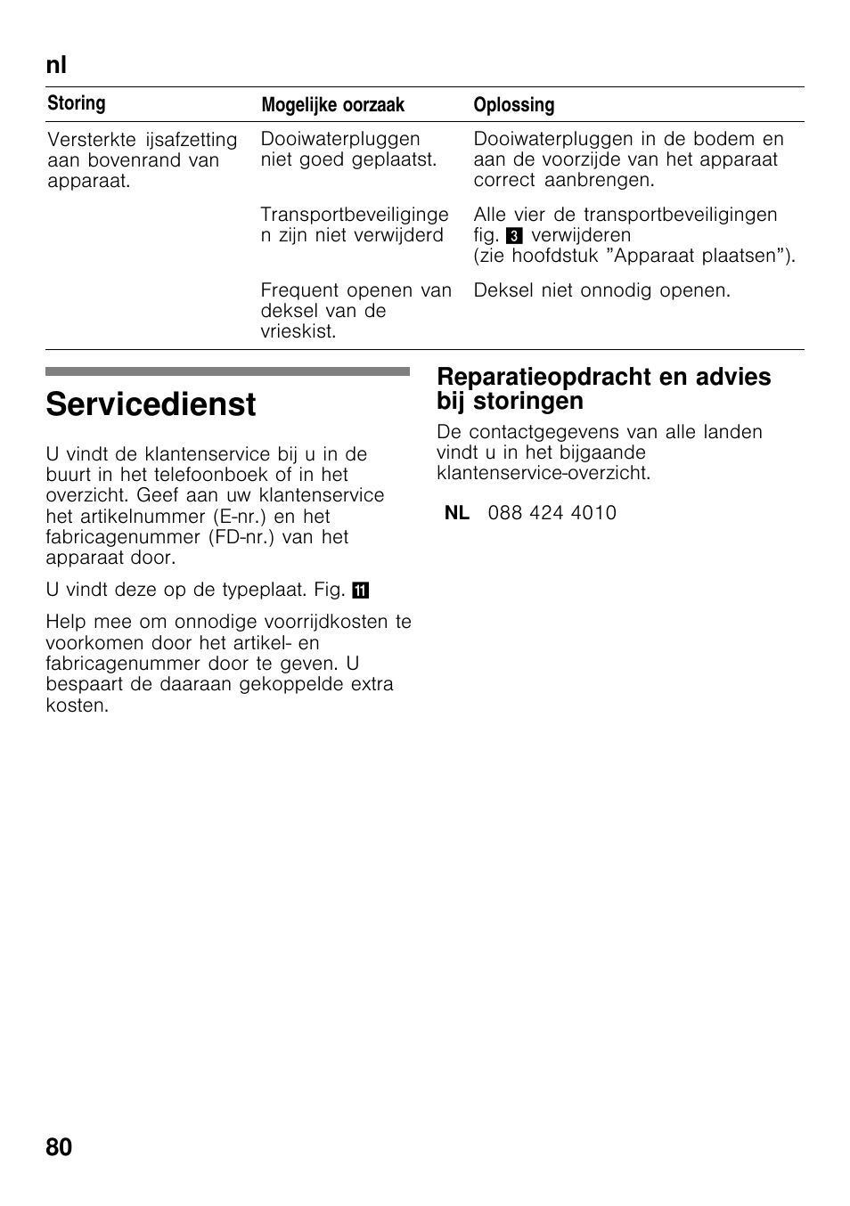 Servicedienst, Nl 80, Reparatieopdracht en advies bij storingen | Bosch GCM24AW20 Congélateur coffre Premium User Manual | Page 80 / 85