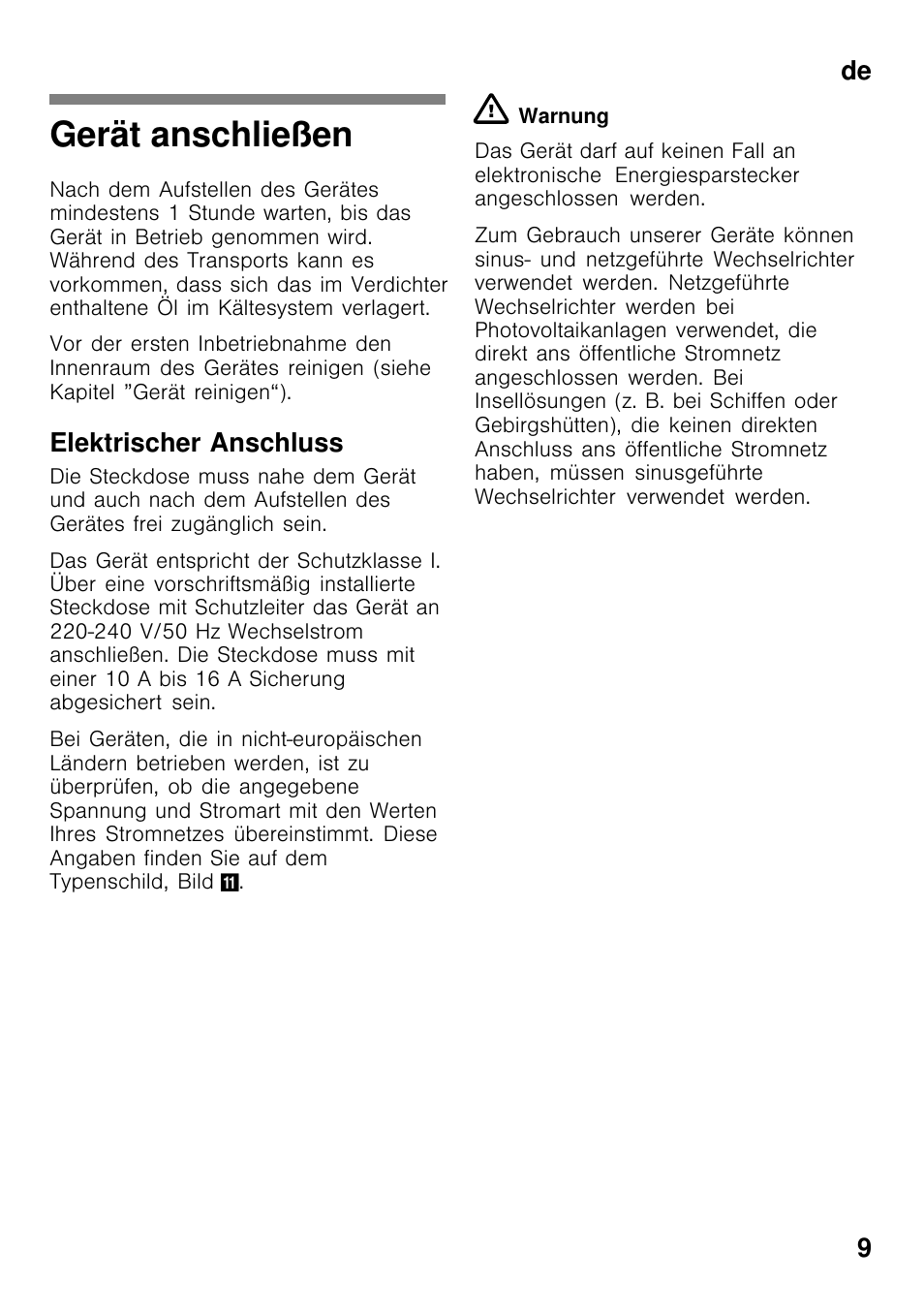 Gerät anschließen, De 9, Elektrischer anschluss | Bosch GCM24AW20 Congélateur coffre Premium User Manual | Page 9 / 85