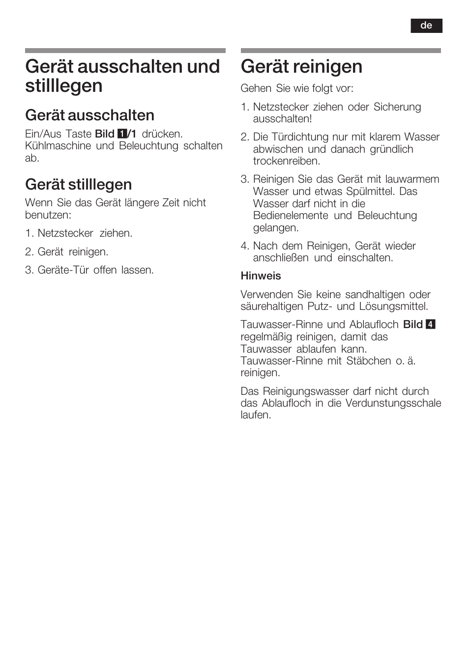 Gerät ausschalten und stilllegen, Gerät reinigen, Gerät ausschalten | Gerät stilllegen | Bosch KSW22V80 Cave à vin de conservation Confort User Manual | Page 11 / 62