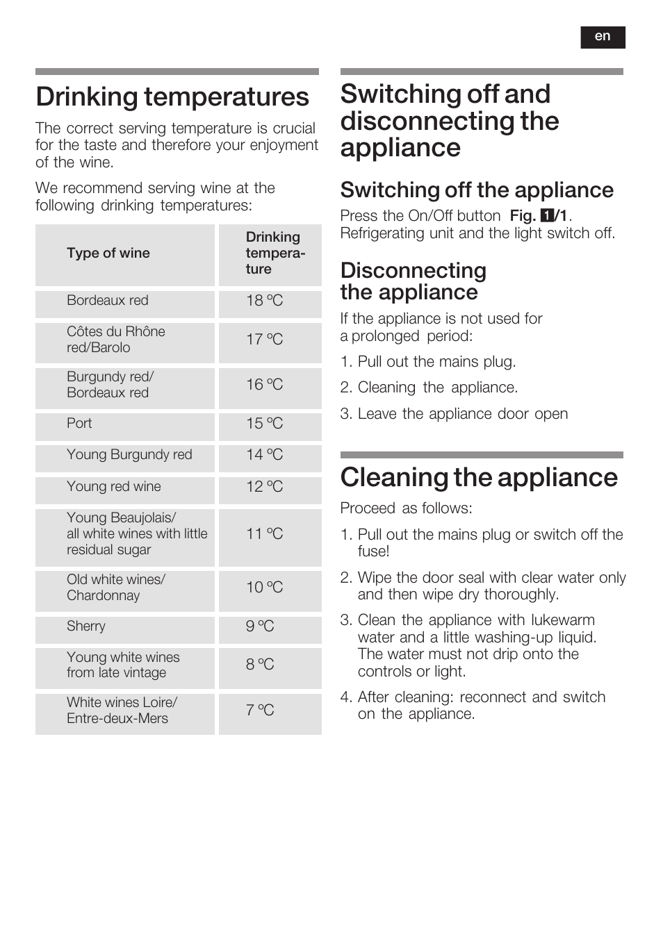 Drinking temperatures, Switching off and disconnecting the appliance, Cleaning the appliance | Switching off the appliance, Disconnecting the appliance | Bosch KSW22V80 Cave à vin de conservation Confort User Manual | Page 21 / 62