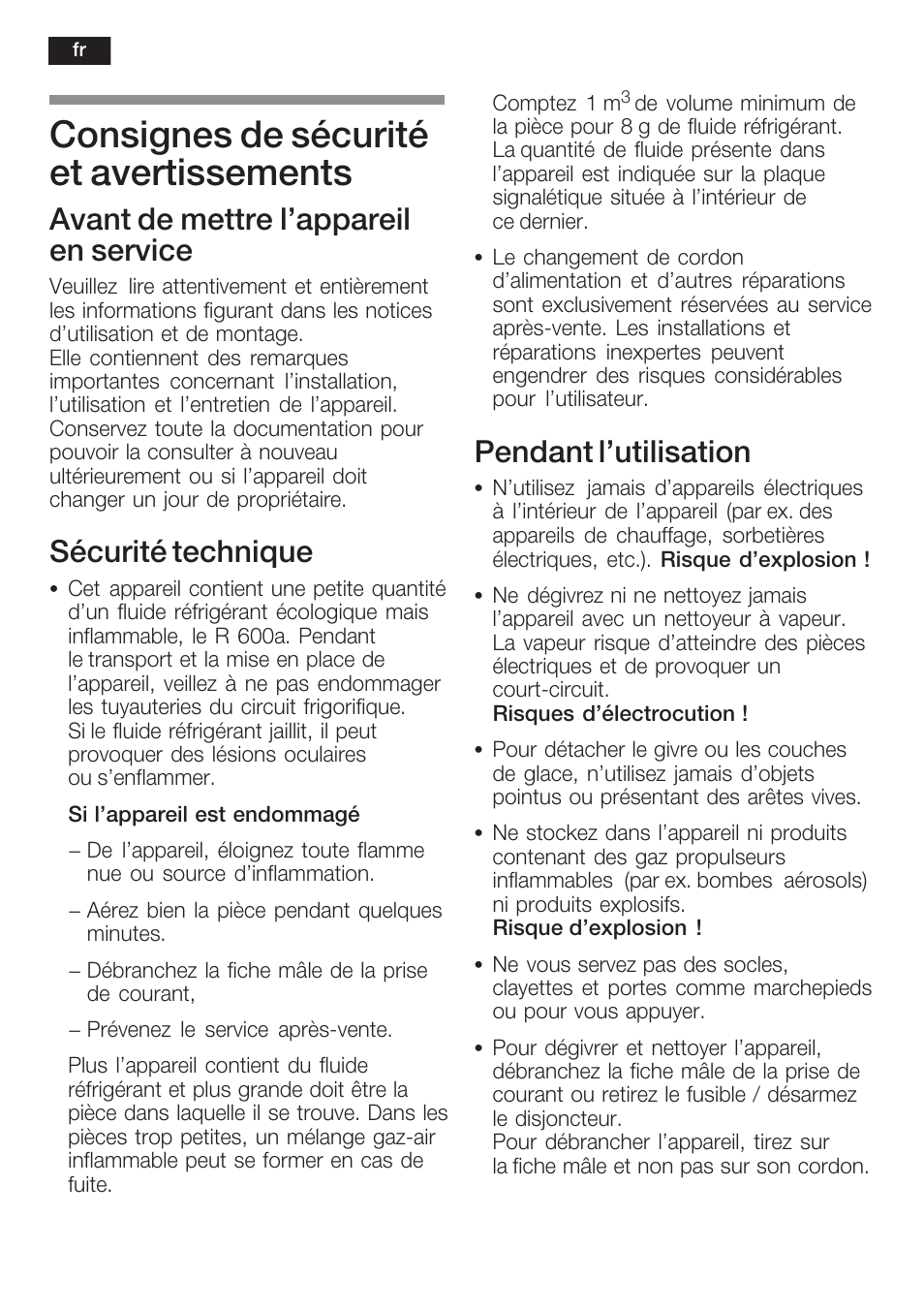 Consignes de sécurité et avertissements, Avant de mettre l'appareil en service, Sécurité technique | Pendant l'utilisation | Bosch KSW22V80 Cave à vin de conservation Confort User Manual | Page 26 / 62