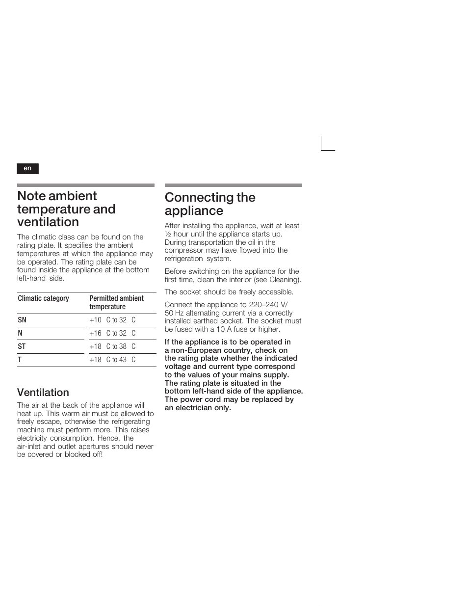 Connecting the appliance, Ventilation | Bosch GID18A20 Congélateur intégrable Premium Fixation de porte par glissières User Manual | Page 18 / 65