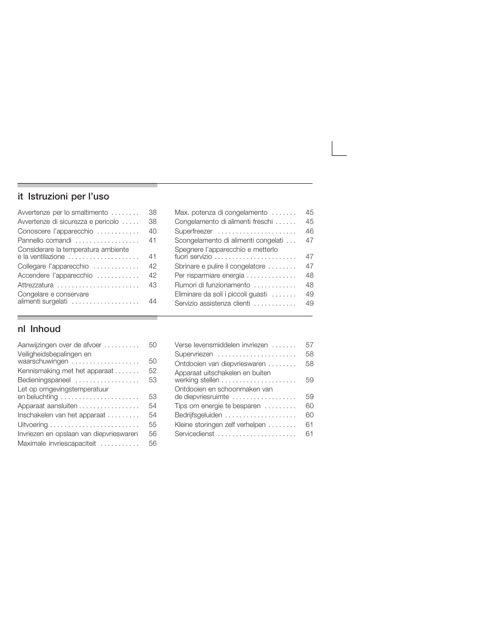 Itąistruzioni per l'uso, Nląinhoud | Bosch GID18A20 Congélateur intégrable Premium Fixation de porte par glissières User Manual | Page 3 / 65