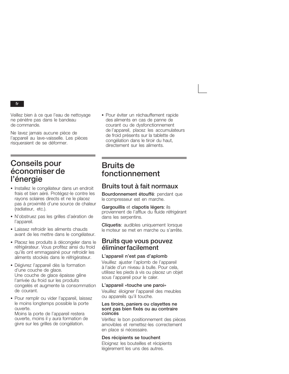 Conseils pour économiser de l'énergie, Bruits de fonctionnement, Bruits tout à fait normaux | Bruits que vous pouvez éliminer facilement | Bosch GID18A20 Congélateur intégrable Premium Fixation de porte par glissières User Manual | Page 36 / 65