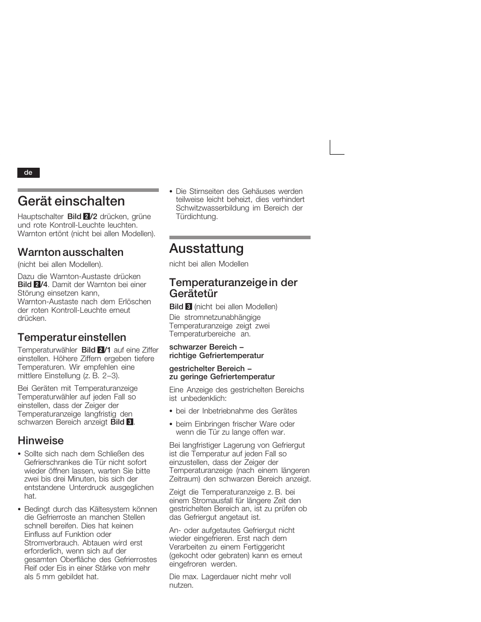 Gerät einschalten, Ausstattung, Warnton ausschalten | Temperatur einstellen, Hinweise, Temperaturanzeige in der gerätetür | Bosch GID18A20 Congélateur intégrable Premium Fixation de porte par glissières User Manual | Page 8 / 65